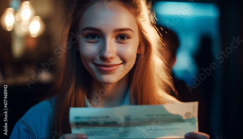 Young women smiling, holding book, enjoying relaxation generated by AI