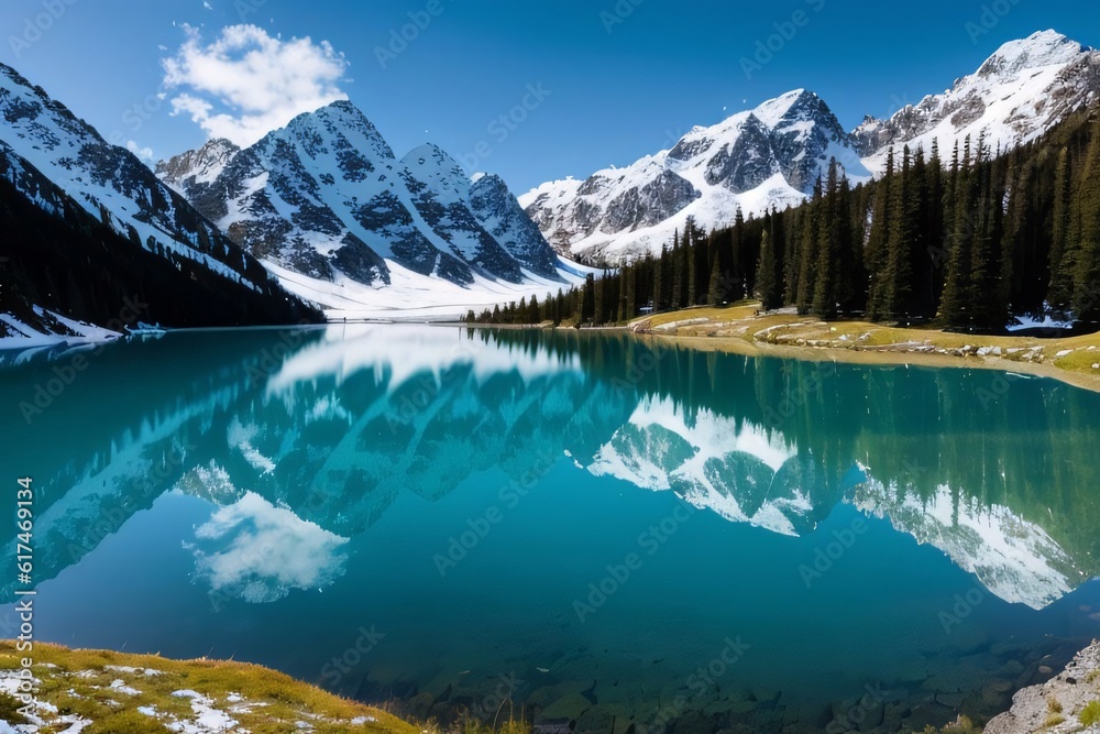 A picturesque alpine lake, nestled between majestic snow-capped peaks, reflecting the stunning scenery. Generative AI