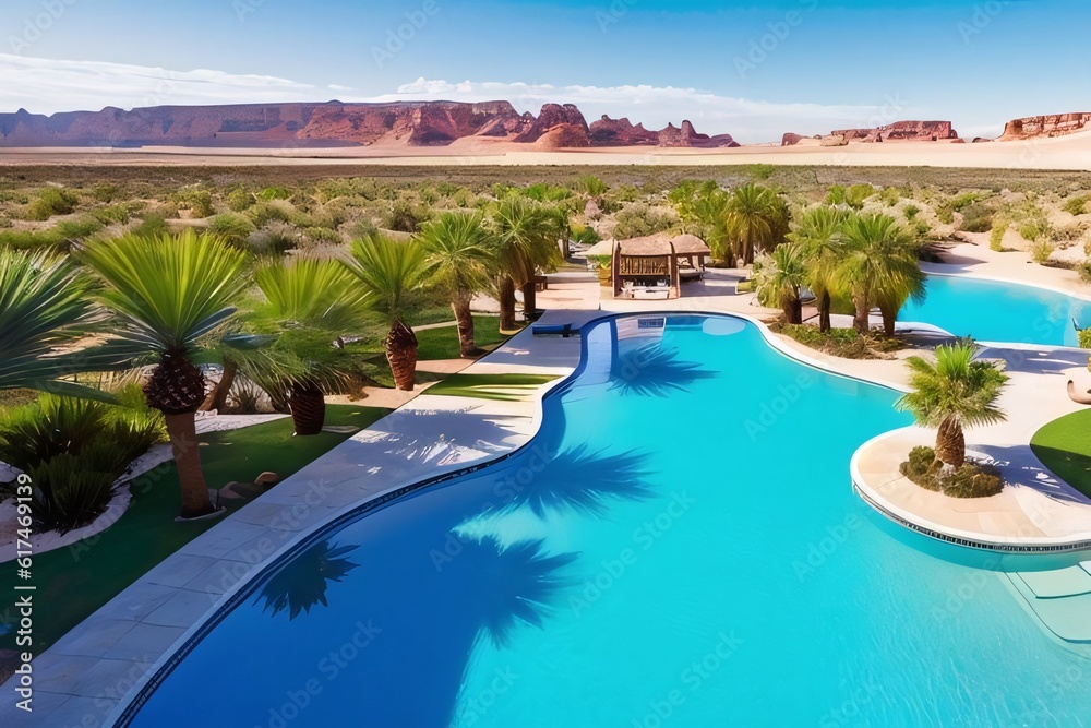 Top view of an oasis in the middle of the desert with a swimming pool for a luxurious vacation. Generative AI