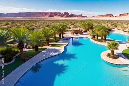 Top view of an oasis in the middle of the desert with a swimming pool for a luxurious vacation. Generative AI