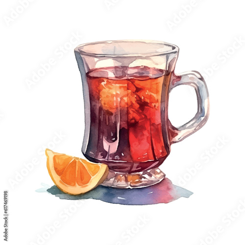 Yellow tea lemon summer watercolor in retro style on white background. Natural background.