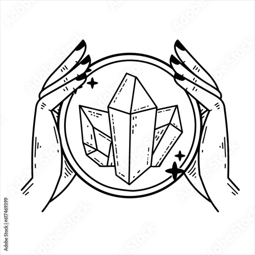 Magic crystal ball and gems in hand. Mystical and magical witch ritual. Spiritual mystery future wizard teller. Esoteric Astrology and fortune.