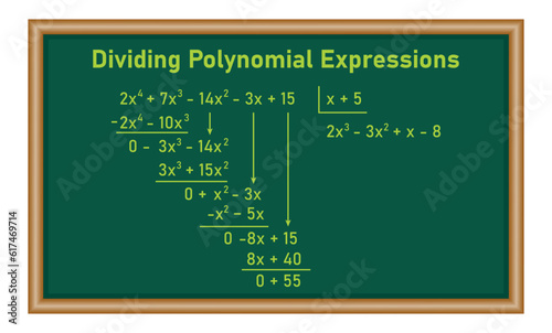 Dividing polynomial expressions in mathematics. Long division of polynomials. Math resources for teachers. Division, quotient, dividend and remainder.
