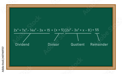 Dividing polynomial expressions in mathematics. Long division of polynomials. Math resources for teachers. Division, quotient, dividend and remainder. photo