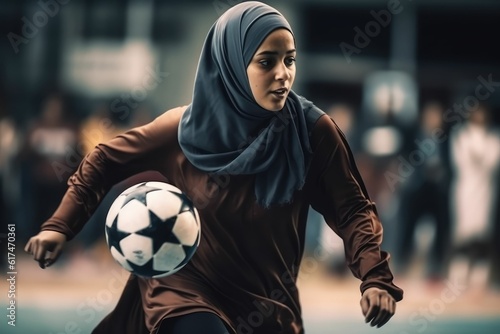 happy muslim woman in hijab with football © jambulart