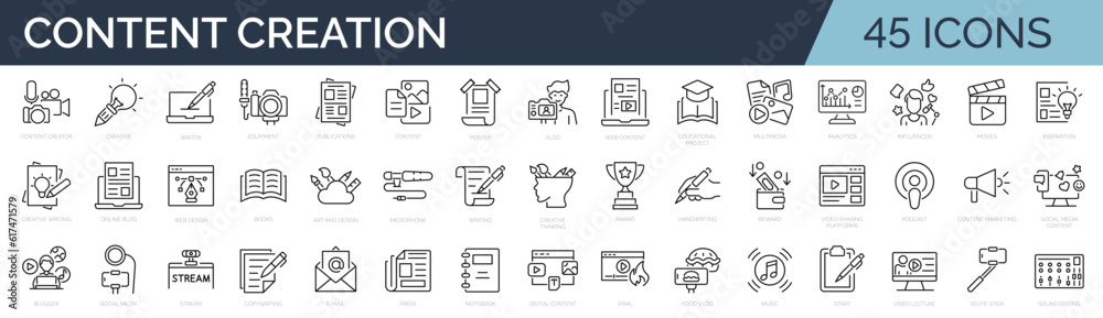 Set of outline icons related to  content creation, media. Linear icon collection. Editable stroke. Vector illustration