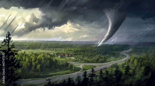 armageddon, devastating tornado over the countryside, endangered people in the village, made with Generative AI