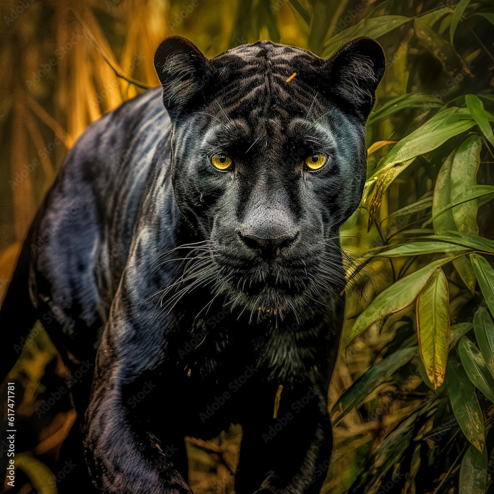 portrait of black panther in the jungle, made with Generative AI