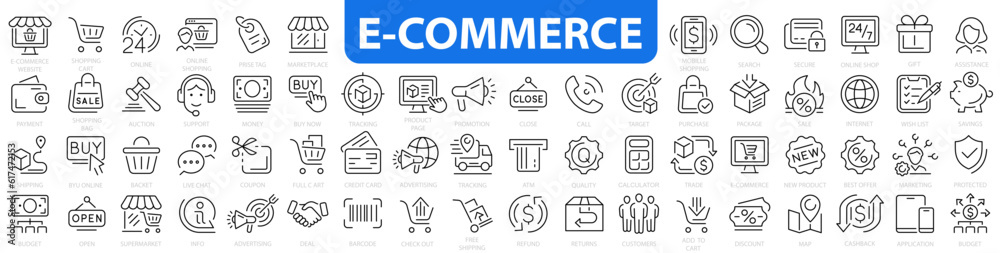 E-commerce icon set. Shopping icons. E-commerce, online shopping, delivery, store, marketing, money, marketplace. Vector illustration. - obrazy, fototapety, plakaty 