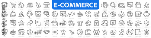E-commerce icon set. Shopping icons. E-commerce, online shopping, delivery, store, marketing, money, marketplace. Vector illustration.