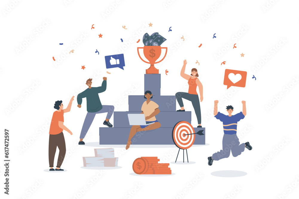 Business award concept with character scene for web. Women and men achieve goals, winning award, celebrating success. People situation in flat design. Vector illustration for marketing material.