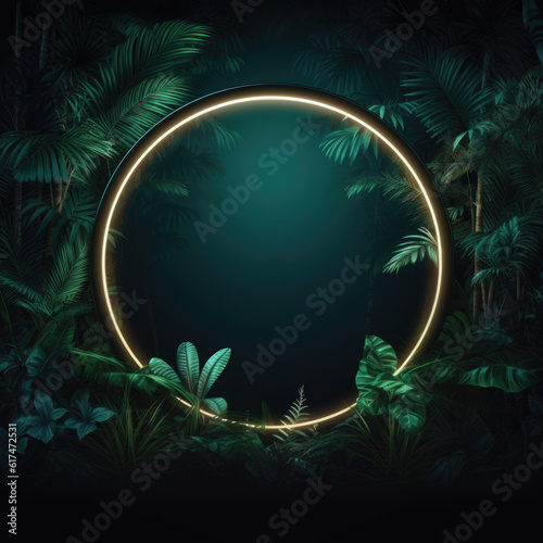 Green tropical leaves background with circle neon lights in the center. Natural leaves background