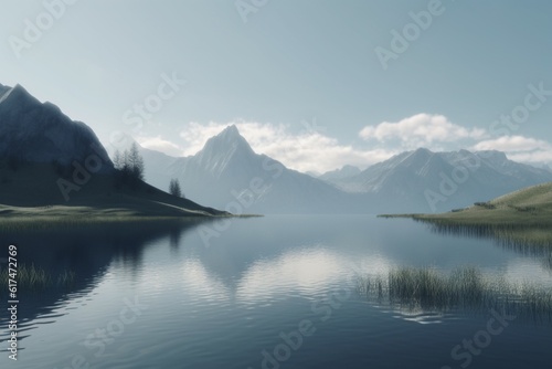 A minimalist landscape with a scenic lake or pond, Generative AI
