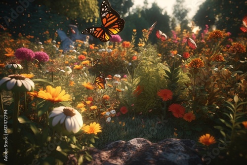 A detailed illustration of a group of insects, such as bees or butterflies, in a beautiful and colorful garden setting, Generative AI