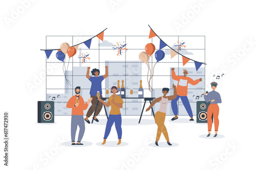 Holiday party concept with character scene for web. Women and men dancing, drinking, celebrate at festive event together. People situation in flat design. Vector illustration for marketing material.