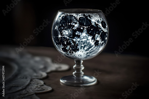 Ethereal Starry Night Sky and Crescent Moon Design on Crystal Wine Goblet with Lace Doily on Rustic Wooden Surface