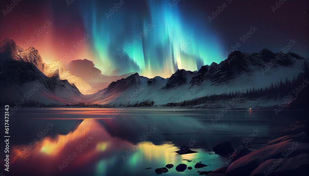 Colorful Aurora Borealis Northern Lights. Streaming color over winter landscape. Mountains, trees, lake at night. Natural wonders background wallpaper Ai generated image