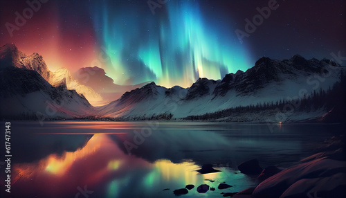Colorful Aurora Borealis Northern Lights. Streaming color over winter landscape. Mountains  trees  lake at night. Natural wonders background wallpaper Ai generated image