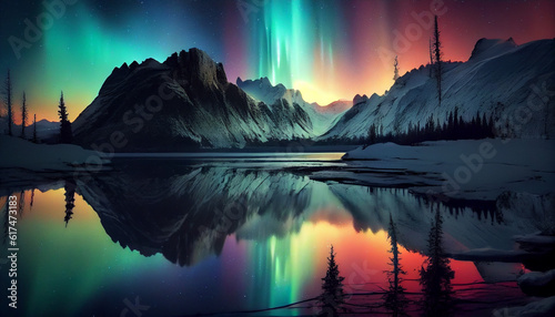 Colorful Aurora Borealis Northern Lights. Streaming color over winter landscape. Mountains, trees, lake at night. Natural wonders background wallpaper Ai generated image © Trendy Image Two