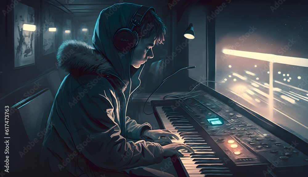 a young man playing music on a synthesizer keyboard in the night train night 