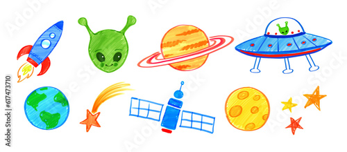 Felt pen child drawings of cute space icons