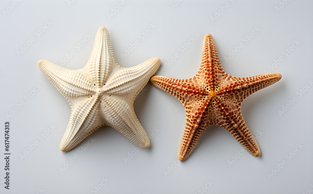Pair of varying starfish, top-down perspective, isolated on white, flat composition, oceanic design accent, Generative AI, Generative, KI
Pair of varying starfish, top-down perspective, isolated on white, flat composition, oceanic design accent, Generative AI, Generative, KI