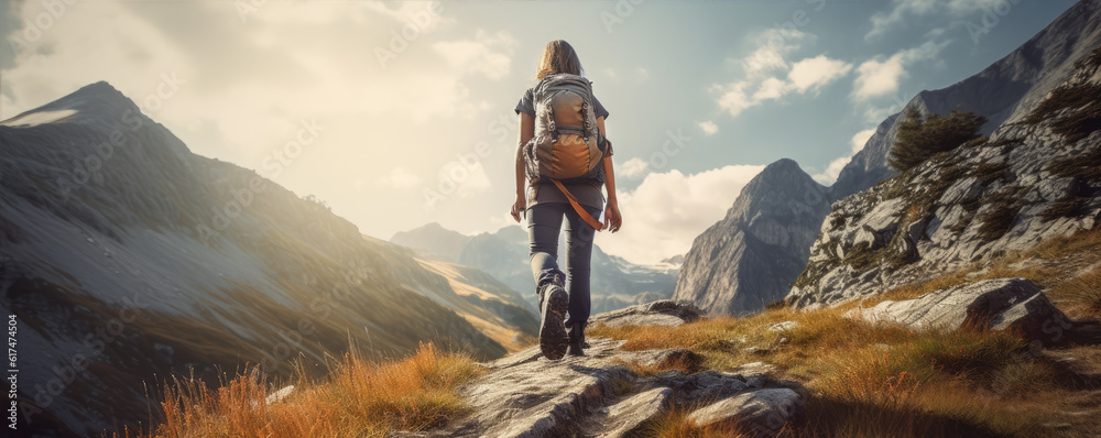 Obraz premium Hiker woman in boots on hight mountains. generative ai
