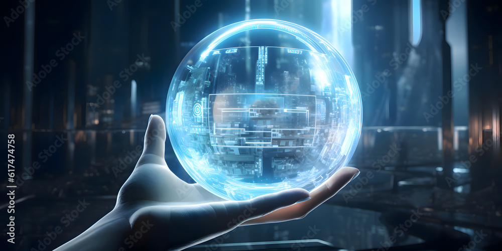 Obraz premium A hand holding a transparent numeric sphere - Technologies and artificial intelligence concept