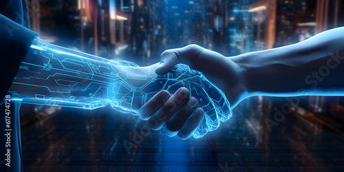 Handshake between a cyber hand hand a human hand - Technologies and artificial intelligence concept photo
