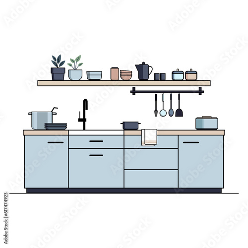 Flat illustration of modern kitchen interior with furniture, appliances and utensils