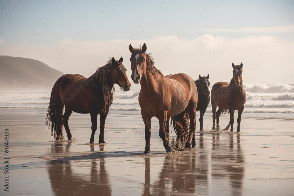 A wild horses walking down a beach. Generative AI A wild horses walking down a beach. Generative AI