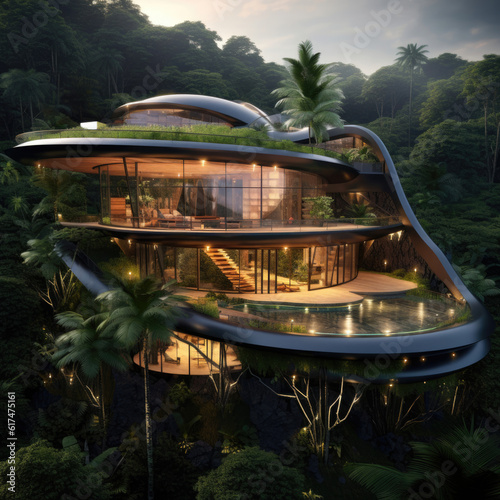 Futuristic house built in among forest and the mountains © mirexon