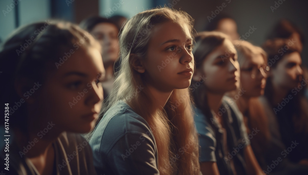 Smiling teenagers studying together in classroom fun generated by AI Smiling teenagers studying together in classroom fun generated by AI
