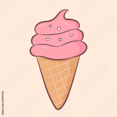 Ice cream waffle cone in cartoon style. Vector illustration of summer food in doodle style