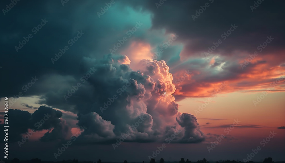Moody sky over tranquil landscape at sunset generated by AI