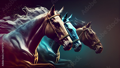 Horse race. Galloping stallions with abstract color background. Equestrian jockey on horseback Ai generated image (4)