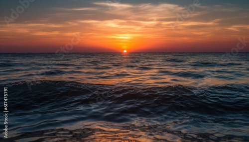 Sunset over water  tranquil beauty in nature generated by AI
