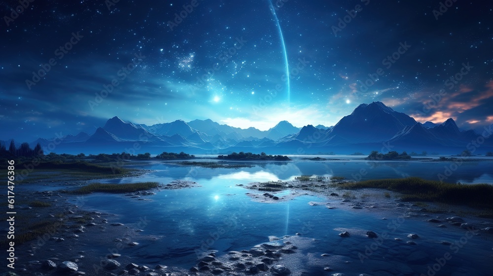 Fantasy landscape with and starry sky.