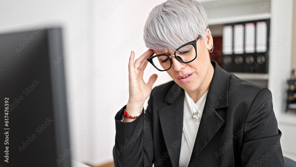 Young woman business worker stressed working at office Young woman business worker stressed working at office