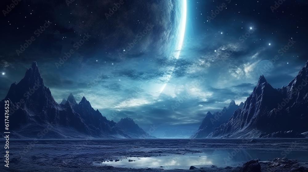Fantasy landscape with and starry sky.