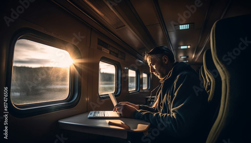 Men holding digital devices, traveling on public transportation generated by AI