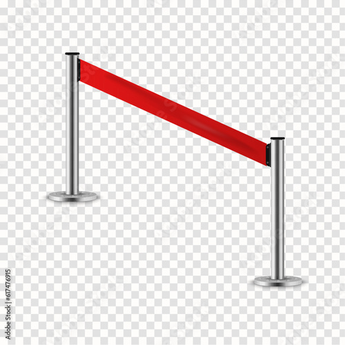 Red rope for exhibition halls and car dealerships. Realistic fencing for exclusive entrance or security zone. Silver barrier with red ribbon for VIP Presentation. Vector illustration, EPS 10.