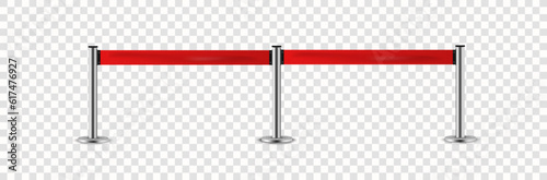 Red rope for exhibition halls and car dealerships. Realistic fencing for exclusive entrance or security zone. Silver barrier with red ribbon for VIP Presentation. Vector illustration, EPS 10. photo