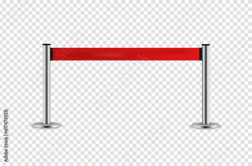Silver barrier with red ribbon for VIP Presentation. Realistic fencing for exclusive entrance or security zone. Red rope for exhibition halls and car dealerships. photo