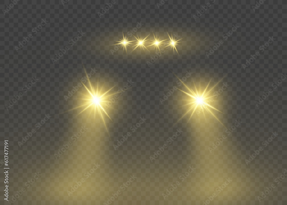Realistic white glow round headlights. Car headlights shining from the background of darkness. Car flash effect on a transparent background. Light flash of light. Vector illustration