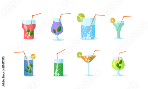 Set of cocktails for party. Cocktails or fresh juice with a drinking straw. Set of various doodles, hand drawn rough simple sketches of various types of alcoholic and non-alcoholic drinks.
