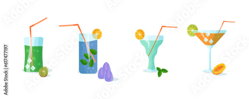 Set of cocktails for party. Cocktails or fresh juice with a drinking straw. Set of various doodles, hand drawn rough simple sketches of various types of alcoholic and non-alcoholic drinks.
