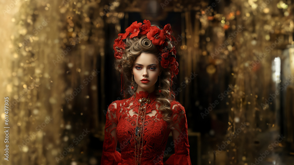 Elegante Frau im spanischen roten Kleid im Schatten und hellen Lichter im Hintergrund, ai generativ
