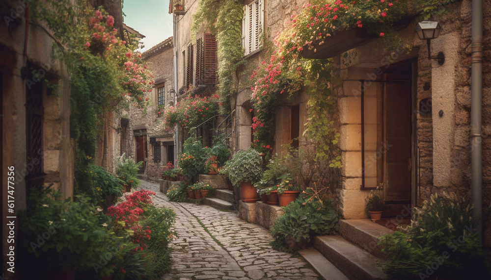 Multi colored flowers adorn old French courtyard at dusk generated by AI