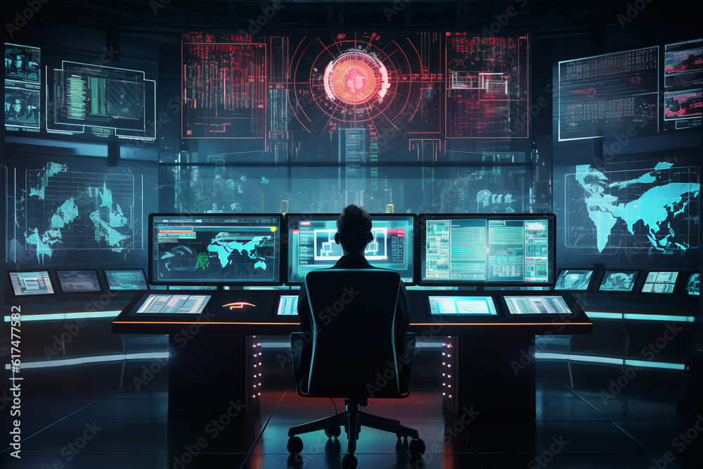 In the System Control Room Technical Operator Sits and Monitors Various Activities Showing on Multiple Displays with Graphics. Responsibility for Information Security in the Company Concept
